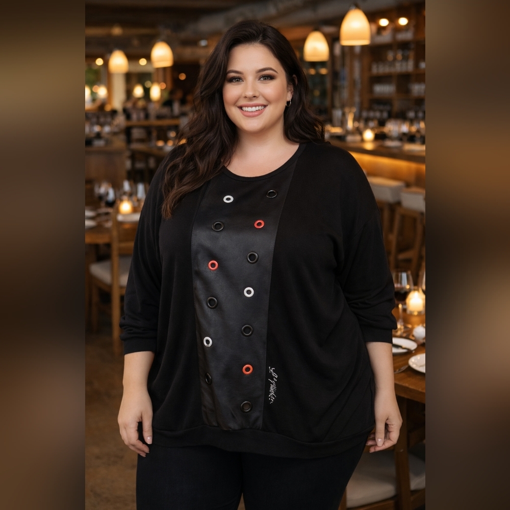 Plus Size Black Long-sleeve Faux Leather Panel Silver Black Red Grommets Top